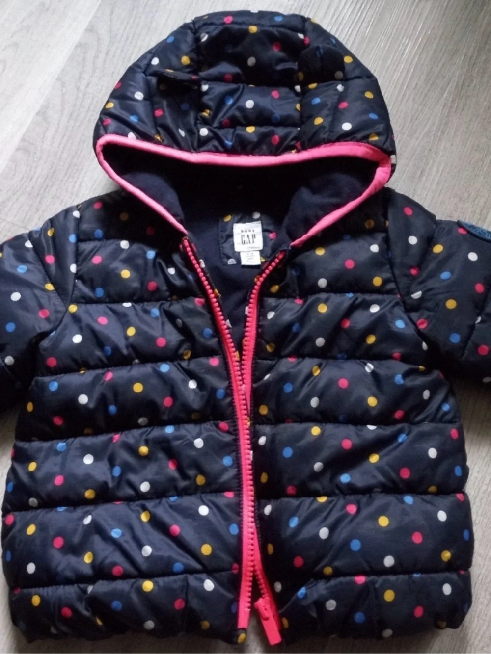 GAP Navy Puffer Jacket with Multicolor Polka Dots and Pink Trim
